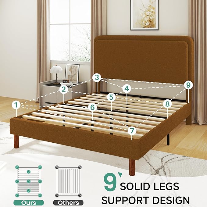 Full Size Boucle Upholstered Bed Frame with Adjustable Headboard, Cloud Platform Bed, Solid Wooden Legs, No Box Spring Needed, Easy Assembly, Brown