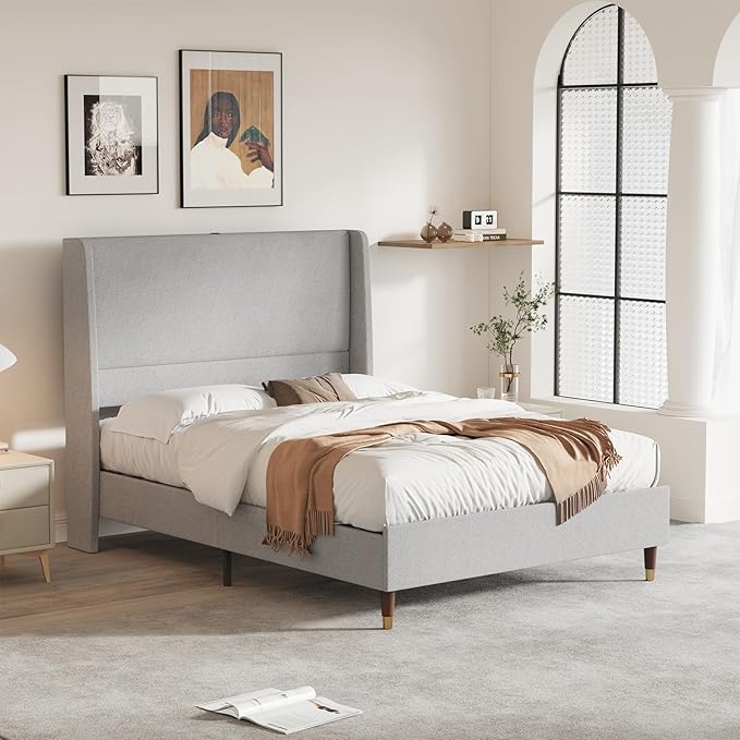 MALOL Full Size Bed Frame with Upholstered Headboard, Linen Fabric Platform Bed Frame with USB Charging Ports, No Box Spring Needed, Sturdy Metal Support, Noise Free, Modern Bedroom Furniture,Grey