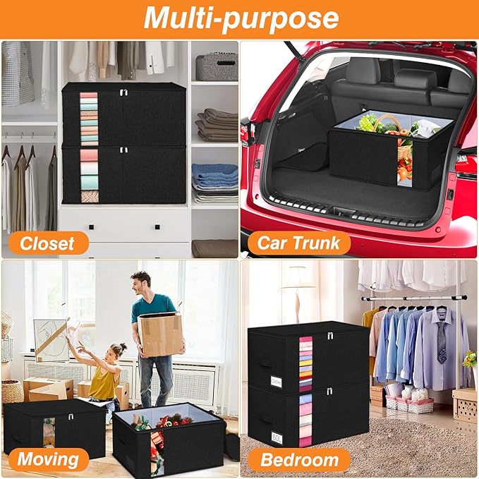 60L Comforter Storage Bag, Sturdy Construction Blanket Storage Bin w/Durable Handles, Foldable Storage Box w/Dual Zippers for Sheets Quilts Sweaters Bedding Sets Pillows, 2 Pack, Black