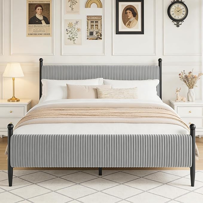 Garvee King Size Upholstered Bed Frame - with Velvet Headboard, Soft Corduroy Fabric Platform with Wooden Slats Support & Heavy Duty Feet, No Box Spring Needed, Noise Free, Easy Assembly, Grey