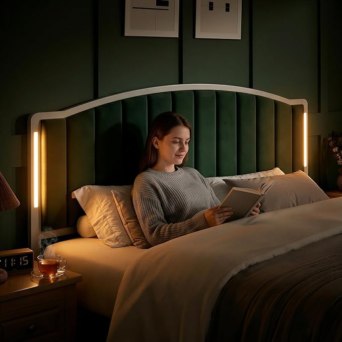 Headboard for King Size Bed with LED Lights, Upholstered Vertical Channel Tufting Head Boards, Velvet Headboard Only, Study & Comfortable, Ideal for Bedroom, Dorm, Guest Room, Green