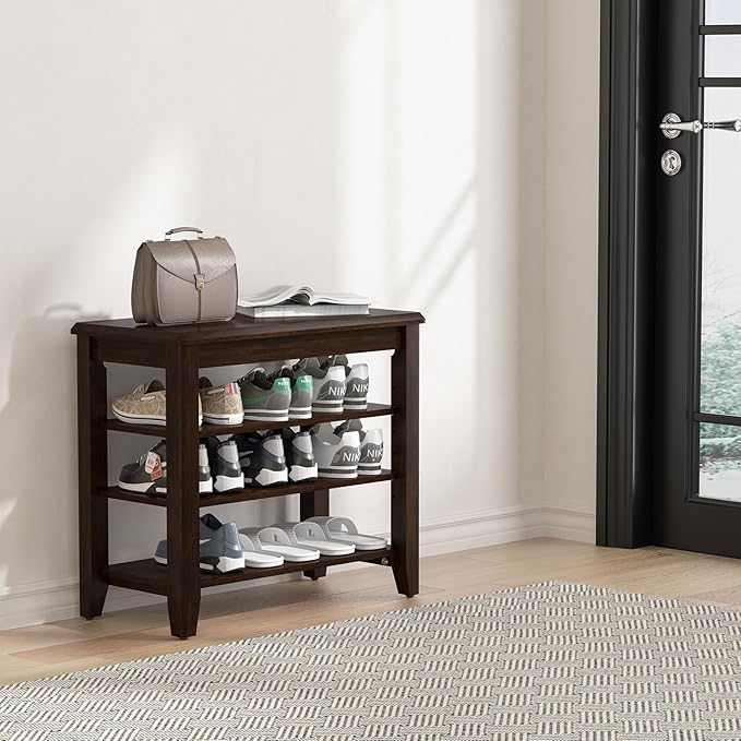 Taitiy Shoe Bench Storage Rubberwood, Entryway Bench with 3-Tiers Height Adjustable, Shoe Rack Front Door Entrance Organizer for Hallway Living Room, Mudrooms, Walnut,23.6"