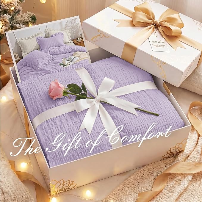 JOLLYVOGUE Lavender Comforter Full Size, 3 Pieces Seersucker Lightweight Full Size Bedding, All Season Fluffy Microfiber Bedding Comforter Set with 1 Ruffle Comforter and 2 Ruffle Pillowshams