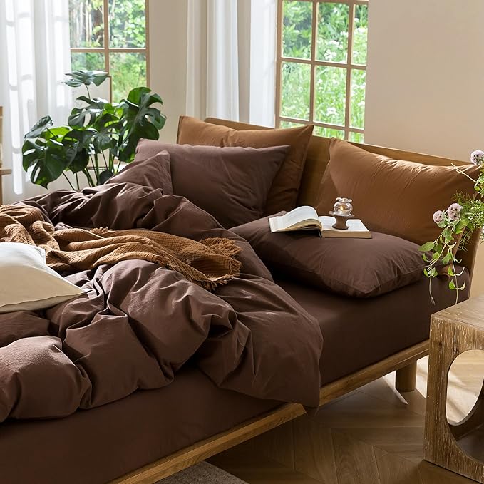MooMee Bedding Duvet Cover Set 100% Washed Cotton Linen Like Textured Breathable Durable Soft Comfy (Solid Cocoa Brown, Full 80"x90")