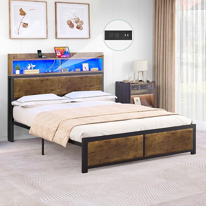 YITAHOME Full Bed Frame with 2-Tier Storage Headboard, Metal Platform Bed Frame with Charging Station & LED Lights, Noise-Free/Metal Support/No Box Spring Needed, Rustic Brown