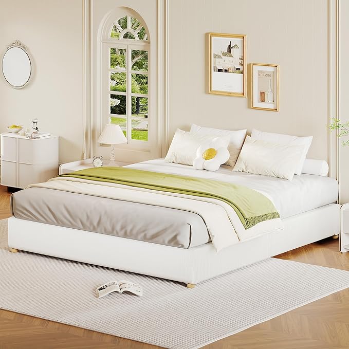 GarveeHome Queen Size Cloud Bed Frame,Corduroy Low Bed Frame Without Headboard, Thick Fabric Upholstered Platform Bed, Solid Wood Legs, No Box Spring Needed, Never Squeak, Easy Assembly, White