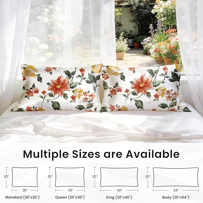EXQ Home Satin Pillowcase for Hair and Skin Queen - Printed Watercolour Petal Silk Pillow Cases 2 Pack 20x30 inches - Satin Pillow Cases Set of 2 with Envelope Closure, Gifts for Women Men