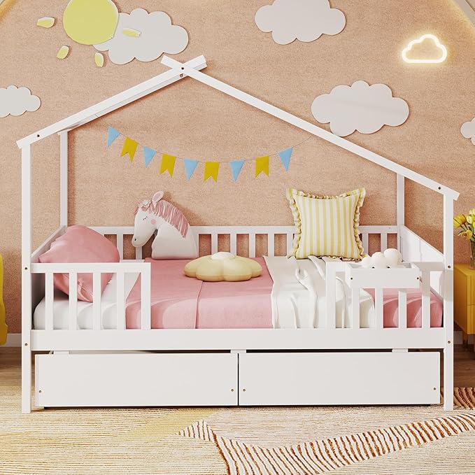 Giantex Full House Bed with Drawers, Wooden Full Size Bed Frame with Cube Storage & Fence Rails, Montessori Beds for Kids Boys Girls, Bedroom, Living Room, No Box Spring Needed, White