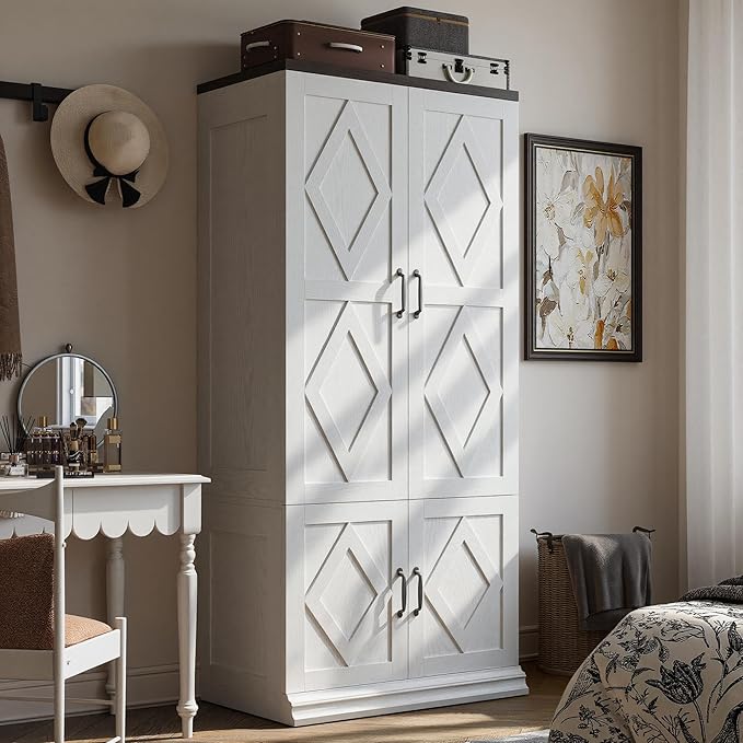 ANCTOR Wardrobe Closet with Doors, 71" H Tall Wooden Closet with 5 Clothing Shelves, Hanging Rod for Clothes, Bedroom Freestanding Armoire Storage Cabinet, Stand Alone Clothing Unit, White