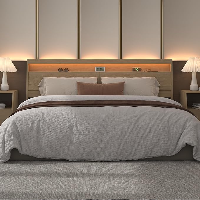 Wooden Headboard Only with Storage, Skirting Groove for Enhanced Stability, Built-in Power Outlet, 2 USB Ports & LED Light - Solid Wood Leg Sturdy Stable Bed Backboard (Oak, Queen)
