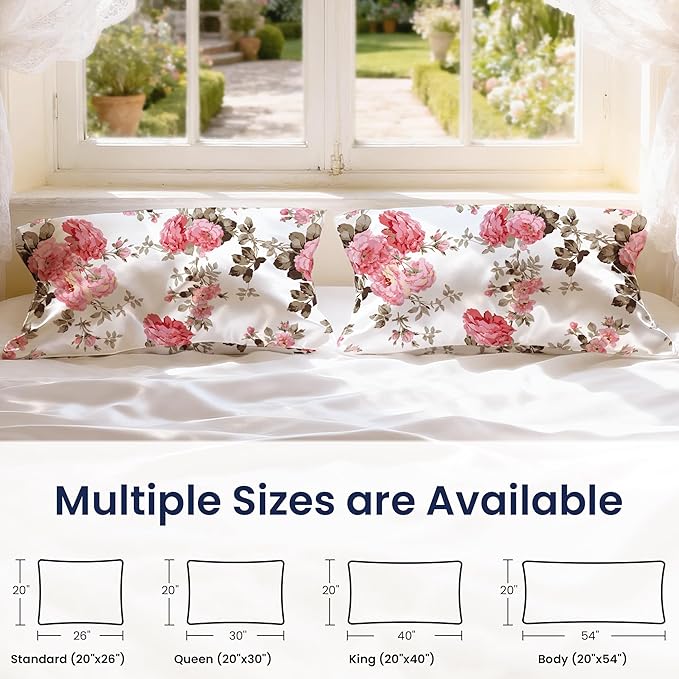 EXQ Home Satin Pillowcase for Hair and Skin Queen - Printed Spring Flowers Silk Pillow Cases 2 Pack 20x30 inches - Satin Pillow Cases Set of 2 with Envelope Closure, Gifts for Women Men