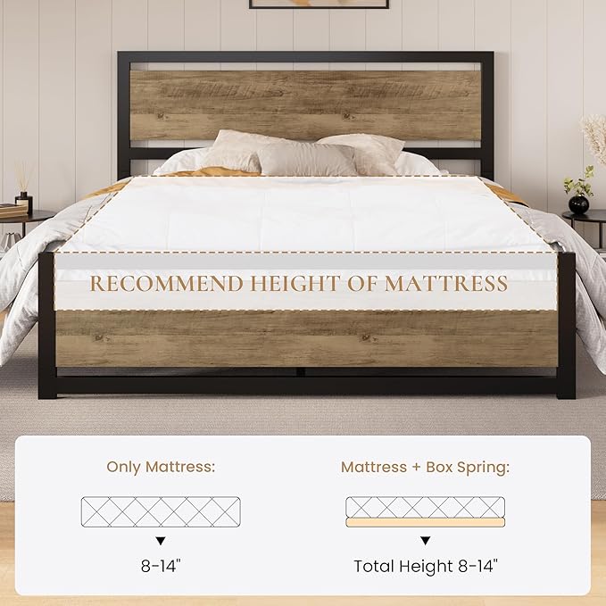 SHA CERLIN King Size Bed Frame with Modern Headboard, Heavy Duty Platform Metal Base with Footboard and 13 Slats Support, No Box Spring Needed, Brown
