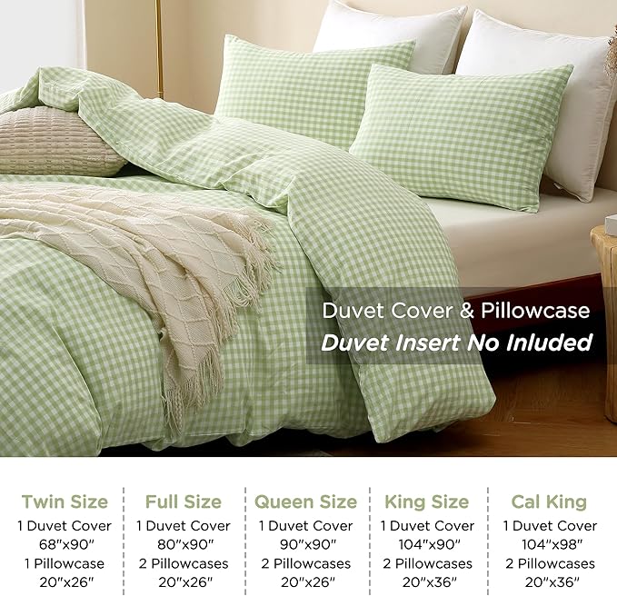 TOCOMOA Plie Green Gingham Duvet Cover Bedding Set 100% Washed Cotton Like Linen Feel Super Soft Comfy 3 Piece Vintage Plaid Checkered Comforter Cover Set (Queen 90"x90", Comforter Not Included)