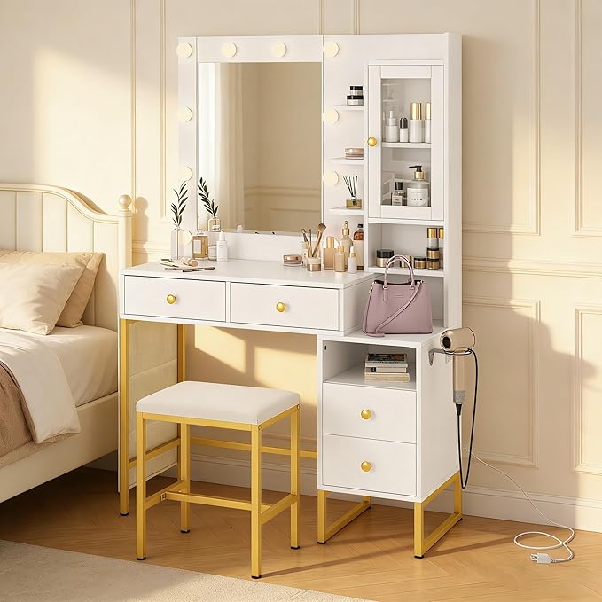 KAMABOKO Vanity Desk with Mirror, LED Lights and Power Outlet, Makeup Vanity Table with Cabinet and 4 Drawers, Dressing Table with Stools for Bedroom (White)