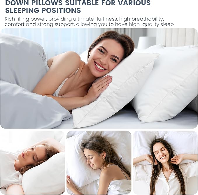 White Goose Down Pillow, Feather and Down Hotel Pillows with 100% Cotton Shell for Side and Back Sleepers, Soft Down Pillows for Neck Support, All Season Bed Pillow