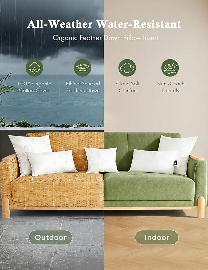 TOPGREEN Feathers Down Outdoor Pillow Inserts 20x20 (Set of 2, White), 100% Organic Cotton Shell, Fluffy Soft Water-Resistant Throw Pillows for Sofa, Patio Furniture and Garden