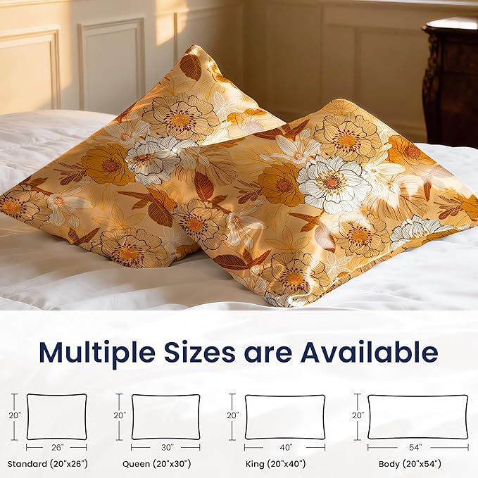 EXQ Home Satin Pillowcase for Hair and Skin Queen - Printed Autumn Flowers Silk Pillow Cases 2 Pack 20x30 inches - Satin Pillow Cases Set of 2 with Envelope Closure, Gifts for Women Men