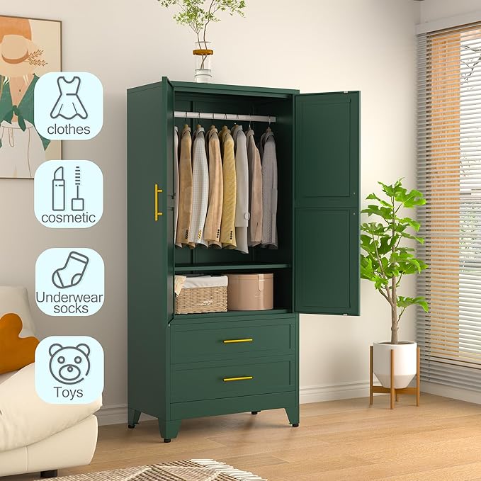 erosoei Metal Armoire Wardrobe Closet, 71 "Metal Clothing Storage Cabinet with Adjustable Shelves and Hanging Rod, Household Steel Wardrobe Storage Cabinet with Drawers (armoire-Green)