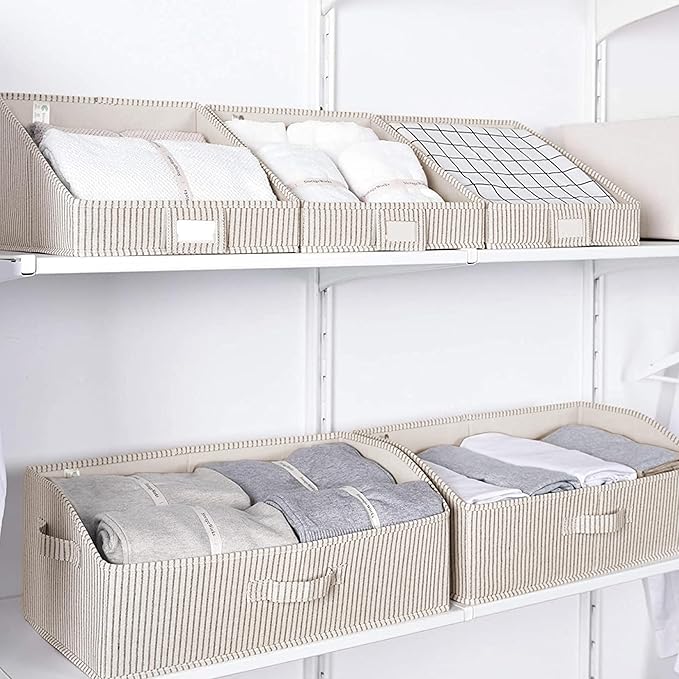 StorageWorks Closet Storage Bins, Trapezoid Organizer Box for Shelves, Fabric Clothes Bin, Foldable Organizing Baskets with Handles, Large, Khaki and Beige Stripes, 3-Pack