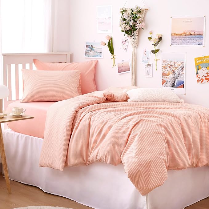 Wake In Cloud - Striped Cotton Duvet Cover Set, 100% Washed Cotton Textured Percale Bedding Set, Ticking Stripe Pinstripe Farmhouse, 3 Pieces, Light Pink, Twin Size