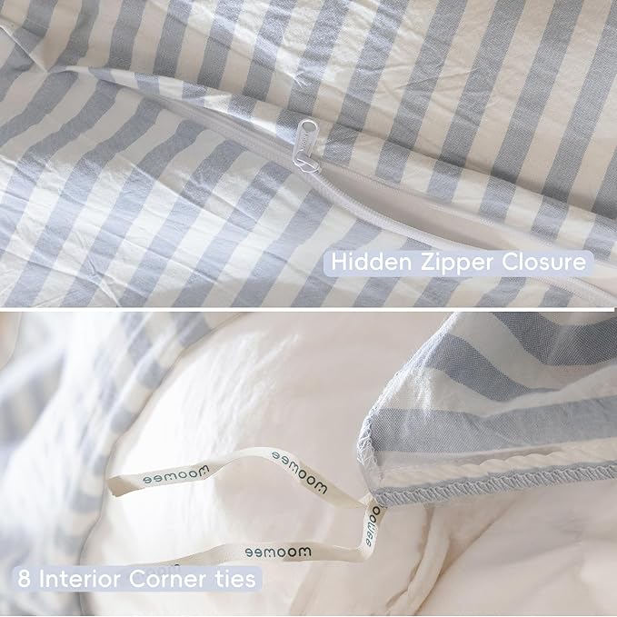MooMee Striped Duvet Cover Set 100% Washed Cotton Linen Like Textured Breathable Durable Soft Comfy (Cornflower Blue White Classic Stripes, Twin 68"x90")