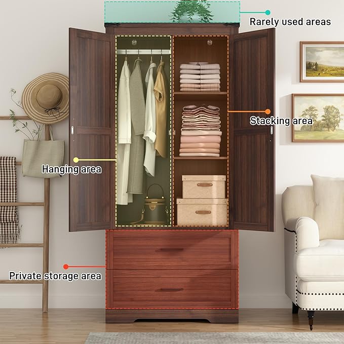 St.Mandyu Farmhouse Wardrobe Armoire Closet with 2 Doors and 2 Drawers, 70.1" Wooden Clothing Storage Cabinet, Freestanding Large Capacity Storage Wardrobe Armoire with Hanging Rod for Bedroom, Brown