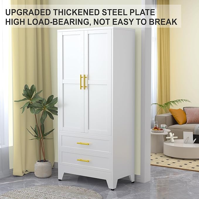 RIETERN Metal Armoire Wardrobe Closet, 71" Tall Bedroom Closet with 2 Drawers, Adjustable Shelves, and Hanging Rod, Steel Clothes Closets and Storage, for Bedroom White