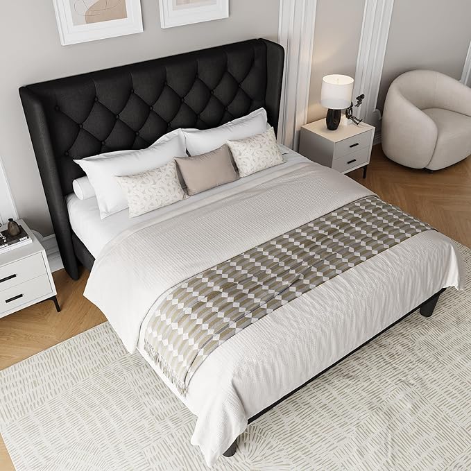 Einhomn Black Platform Bed Frame Full Size with Fabric Upholstered Wingback Headboard, 12" Under Bed Space, Wooden & Metal Slats Support, No Box Spring Needed