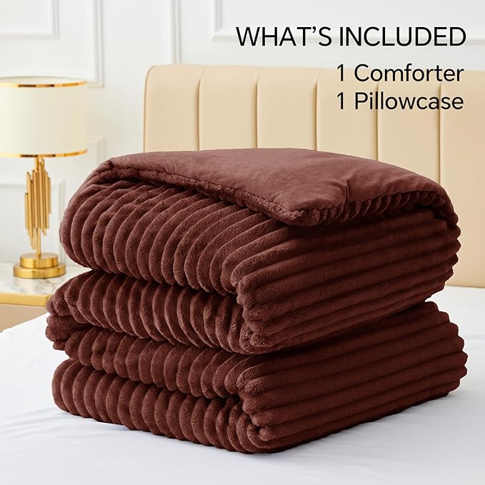 BEDELITE Fleece Twin Comforter Set -Super Soft & Warm Fluffy Hot Chotolate Bedding, Luxury Fuzzy Heavy Bed Set for Winter with 1 Pillow case