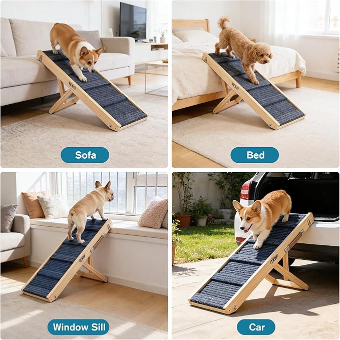 Dog Ramp for Bed, Adjustable Height 10" to 19.5" (5 Levels) Folding Ramp for Dogs to Get on Bed, Solid Wood Dog Ramps for Small Dogs Senior Dogs, Non-Slip Waterproof Easy Storage for Bed Couch