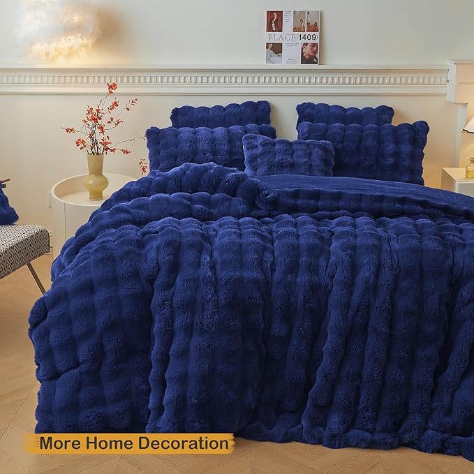 LIFEREVO Fluffy Faux Rabbit Fur Body Pillow Cover, Luxury Bubble Waffle Shaggy Plush Bed Pillowcase with Zipper Closure, Royal Long 20"x54" Fuzzy Furry Pillow Case for Adults Kids Girls, Navy Blue