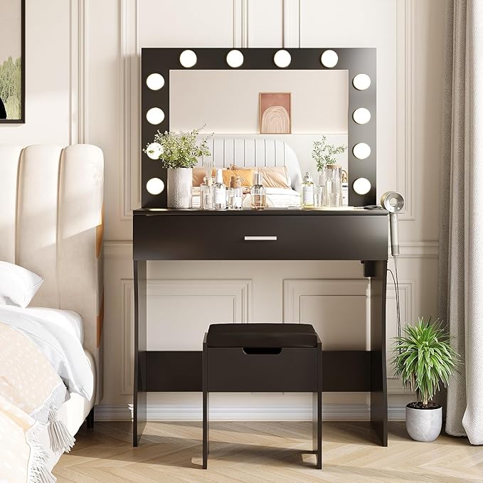Vabches Vanity Table Set with 12 Light Bulbs, Makeup Dressing Table with Big Drawer & Mirror, Dresser Desk for Bedroom, Living Room Black