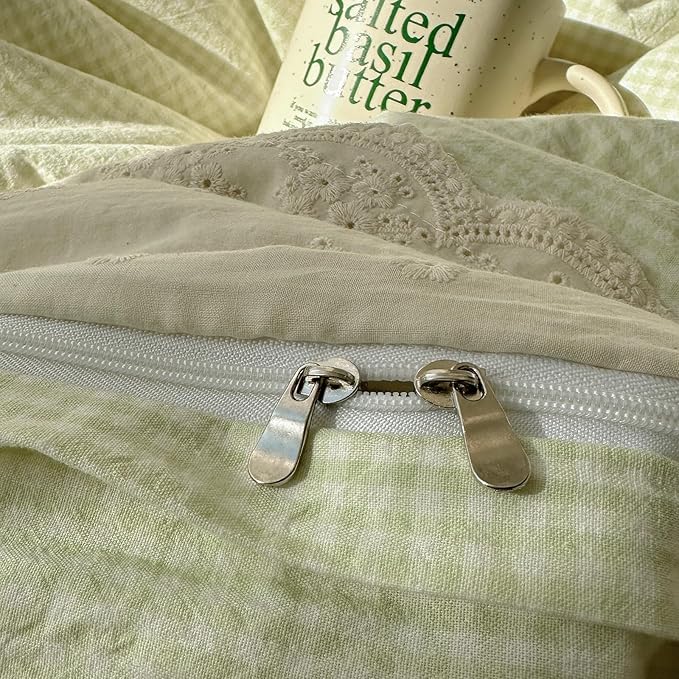 mixinni Green Gingham Duvet Cover Twin Size - 3 Piece Cottagecore Plaid Bedding Set with Lace Trim, Soft Washed Microfiber Vintage Aesthetic Grid Comforter Cover & Pillow Shams, (Green White Gingham)