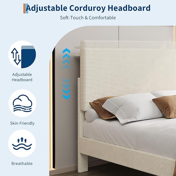 IDEALHOUSE Twin Size Bed Frame, Platform Bed with Adjustable Corduroy Upholstered Storage Headboard and Charging Station, Sturdy Metal Support, Noise Free, Easy Assembly, Beige