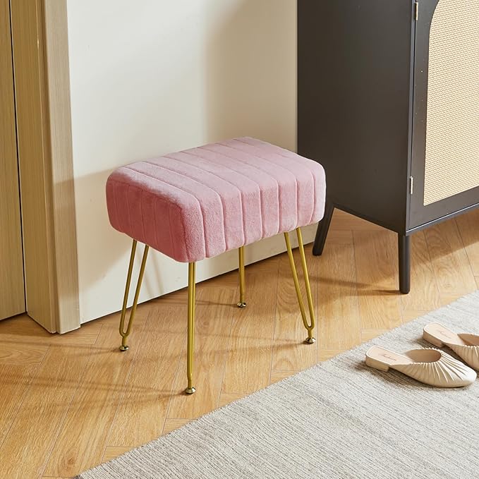 IBUYKE Velvet Rectangular Footrest Ottoman, Makeup Vanity Stool Side Table, Velvet Dressing Table Seat, Pouf Couch Stool, Golden Steel Legs, Pink LG-51P