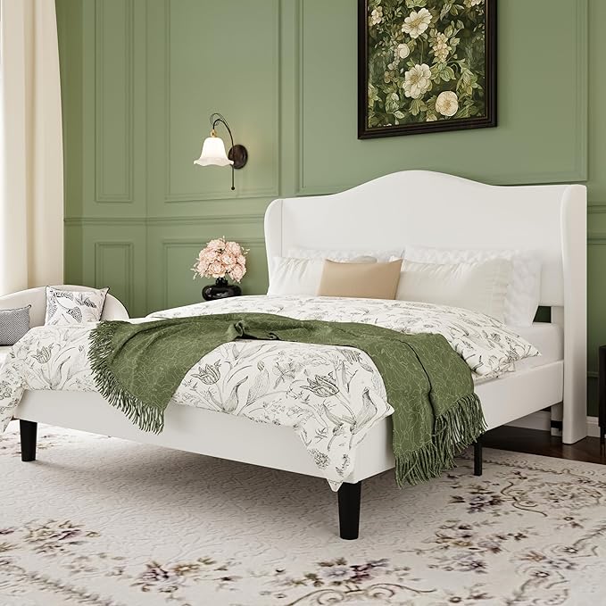 SHA CERLIN Full Size Velvet Platform Bed Frame with Elegant Wingback Headboard, Modern & Luxurious Design, Sturdy Wooden Slats, No Box Spring Required, Easy Assembly, Noise-Free, Soft White