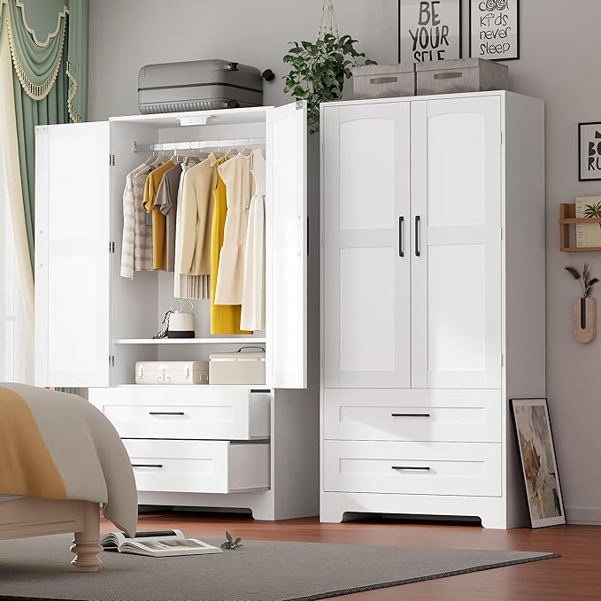 Wooden Armoire Wardrobe Closet with Drawers, Bedroom Armoires with Door and Shelves, Freestanding Wardrobe Clothing Storage Cabinet with Hanging Rod for Bedroom, Laundry Room, Cloak Room (White)