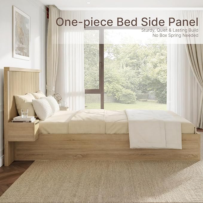 KISLOT Queen Size Wood Bed Frame with Built-in Nightstands, Modern Fluted Headboard & Storage Drawers, Solid Wood Slat Support, No Box Spring Needed, Noise-Free, Easy Assembly