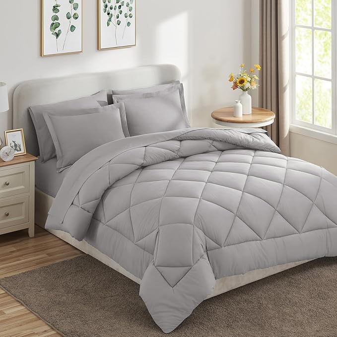 CozyLux King Size Comforter Set French Grey - 7 Pieces Bed in a Bag King, Luxury Soft Bed Set for All Seasons, Bedding Set with Down Alternative Comforter, Sheets, Pillowcases & Shams