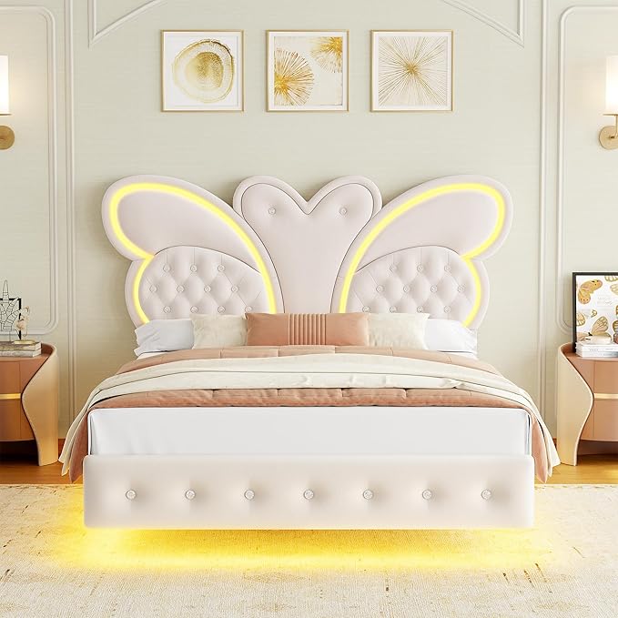 Keyluv Queen Bed Frame Butterfly-Pattern Upholstered Headboard, Modern Floating Bed with LED Lights Button Tufted on Headboard and Footboard, Slats Support No Box Spring Needed, Noise-Free, Beige