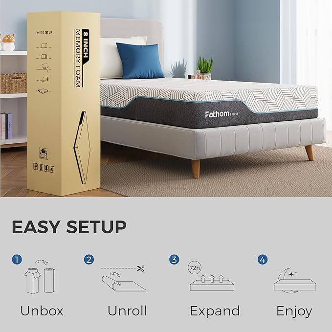 FATHOM Firm Twin Mattress 8 Inch Memory Foam Mattress Twin Size Bed in a Box for Back Pain Relief and Cool Sleep with Gel Foam and Removeable Fiberglass Free Cover, CertiPUR-US Certified