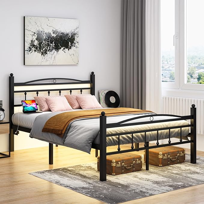 Jenmit Full Size Bed Frame with Headboard,Metal Platform Bed Frame with Charging Station & LED Lights,12in Storage Space Under Bed, No Box Spring Needed, Noise Free, Easy Assembly, Black