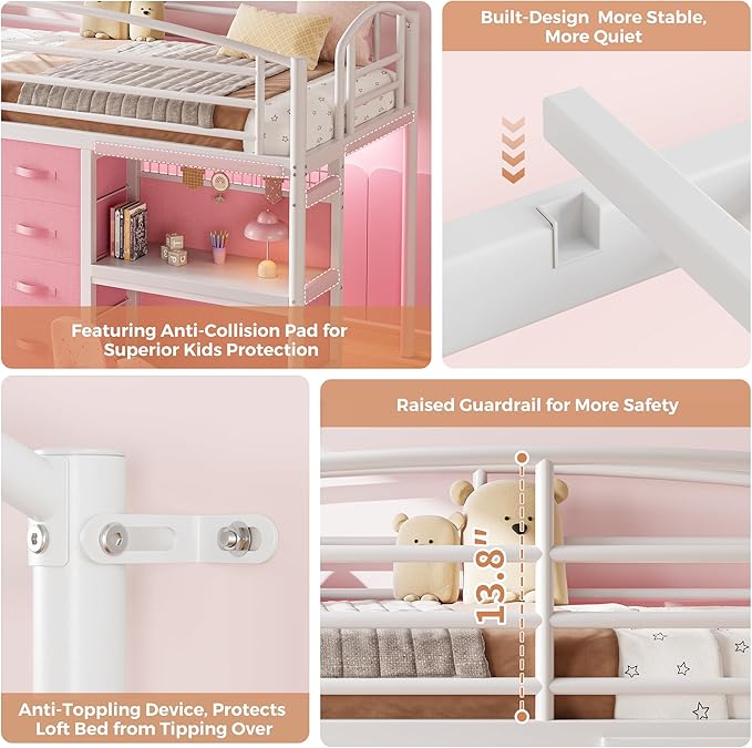 Low Loft Bed Twin Size with 7 Storage Drawers, Desk and LED Lights, Heavy Duty Metal Kids Loft Bed with 12" H Safety Guardrail, Anti-Collision Pad, Private Play Curtain, Under-Bed Play Space - Pink