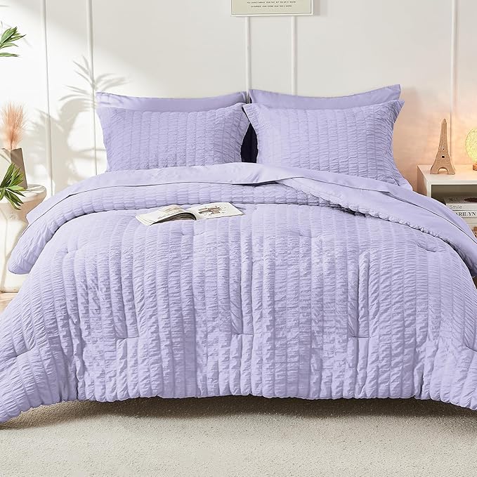 HYMOKEGE Light Purple California King Comforter Set Seersucker 7 Pieces, All Season Luxury Bed in a Bag for Bedroom, Bedding Set with Comforter, Sheets, Pillowcases & Shams