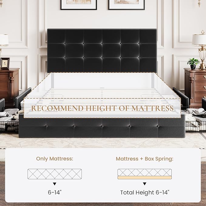SHA CERLIN Queen Platform Bed Frame with 4 Oversized Storage Drawers, Adjustable Headboard with Velvet Upholstery, Square Button Tufted Design, Wooden Slat Support, No Box Spring Needed, Black