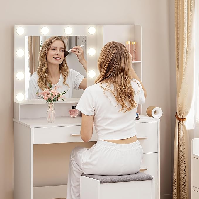 JUMMICO 39" Vanity Desk with Mirror & Power Outlet, 10 Lights, Makeup Vanity Table with 4 Large Drawers and 3 Storage Shelves, 3 Model Adjustable Lights for Bedroom & Dressing Room (White)