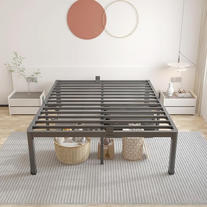 ROIL 18 Inch California King Bed Frame with Rounded Corner and Headboard Hole Mattress Retainers 3500LBS Metal Heavy Duty Steel Slats No Box Spring Needed Platform Noise-Free Easy Assembly