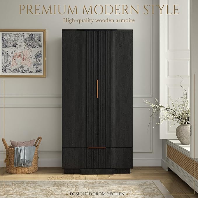 Yechen 67" Fluted Armoire Wardrobe Closet with 4 Doors and Drawer Set of 2, Wooden Wardrobe Closet Cabinet with Adjustable Shelve, Modern Small Armoires Storage Clothes, Coats for Bedroom, 2pcs,Black