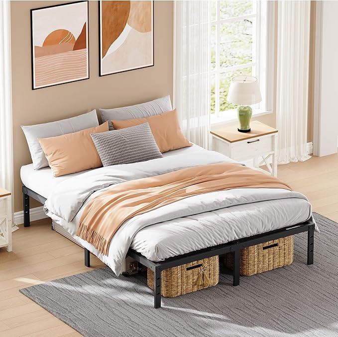 16 Inch King Size Metal Bed Frame, Heavy Duty Platform with Extra Underbed Storage, Sturdy Steel Slats Support, Easy Assembly, No Box Spring Needed, Black
