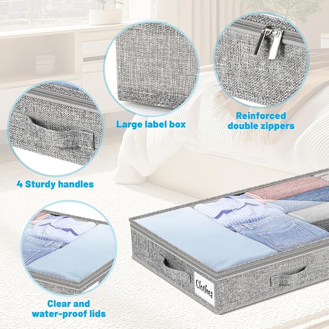 5 Inch Low Profile Under Bed Storage Drawer 2 Pack, Lightweight Underbed Clothes Storage Container Bins With NO STURCTURE, Shallow Storage Bag for Dorm & Home, With Clear Lids & Water-Resistant Fabric